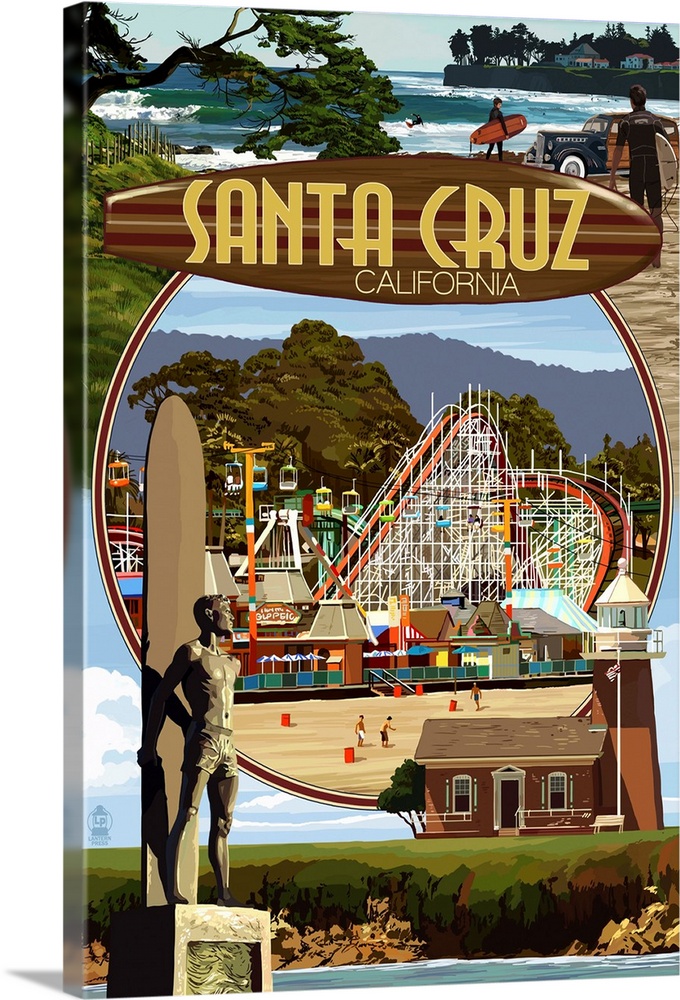 Retro stylized art poster of a montage of images. With an amusement park in the middle.