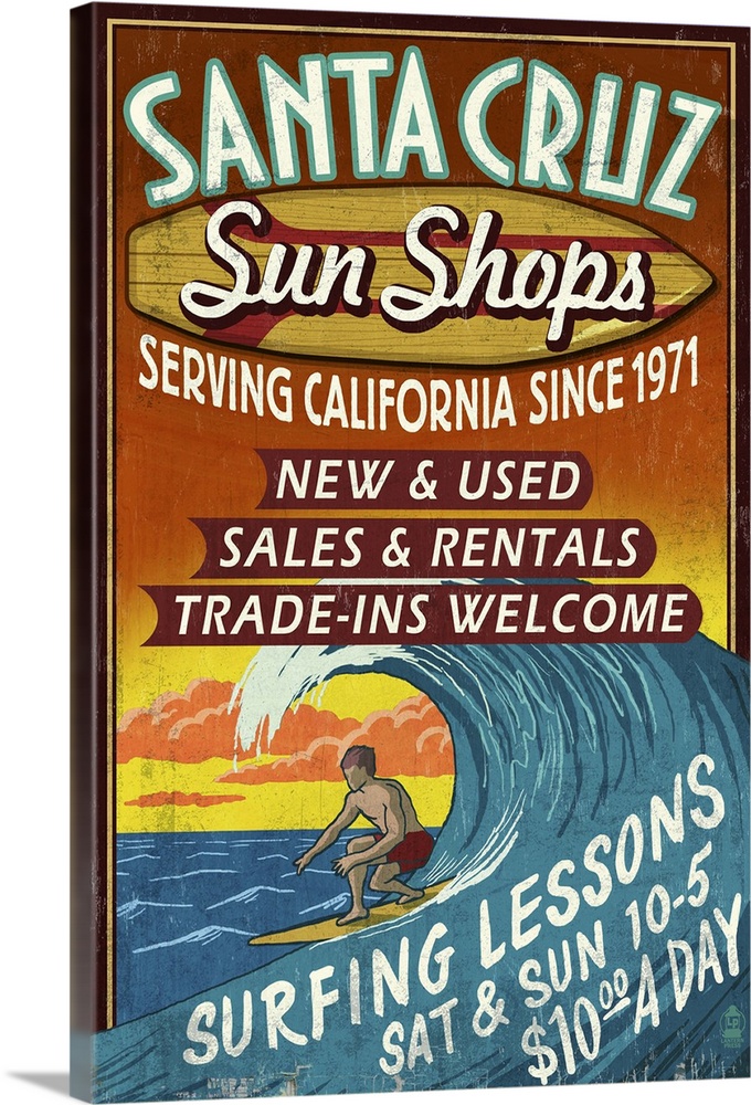 Santa Cruz, California - Sun Shops Surf Shop Vintage Sign: Retro Travel Poster