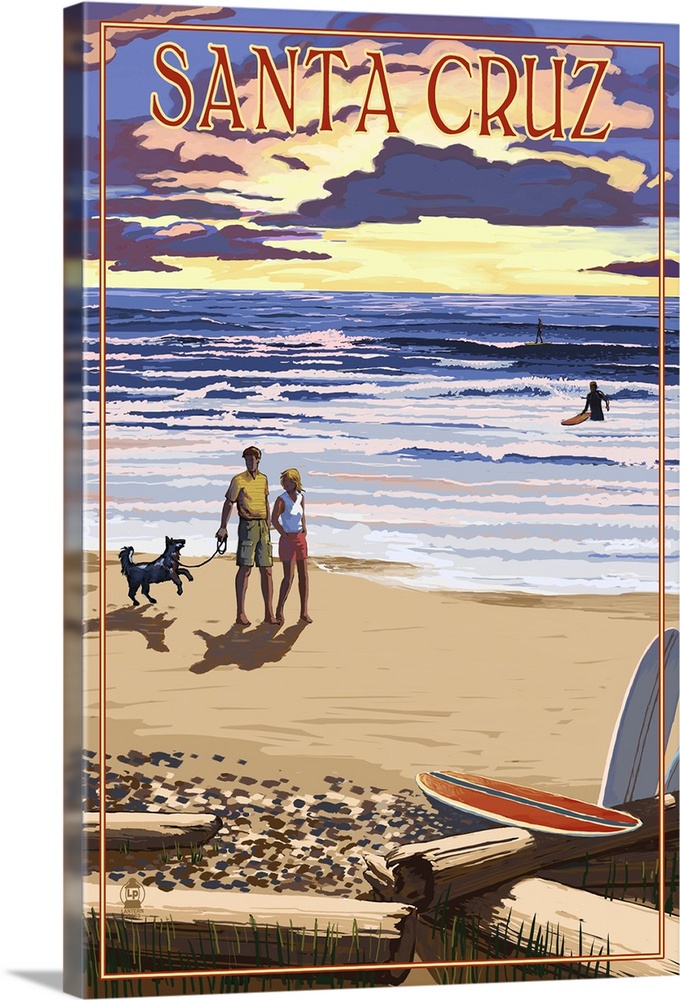 Santa Cruz, California - Sunset Beach Scene: Retro Travel Poster