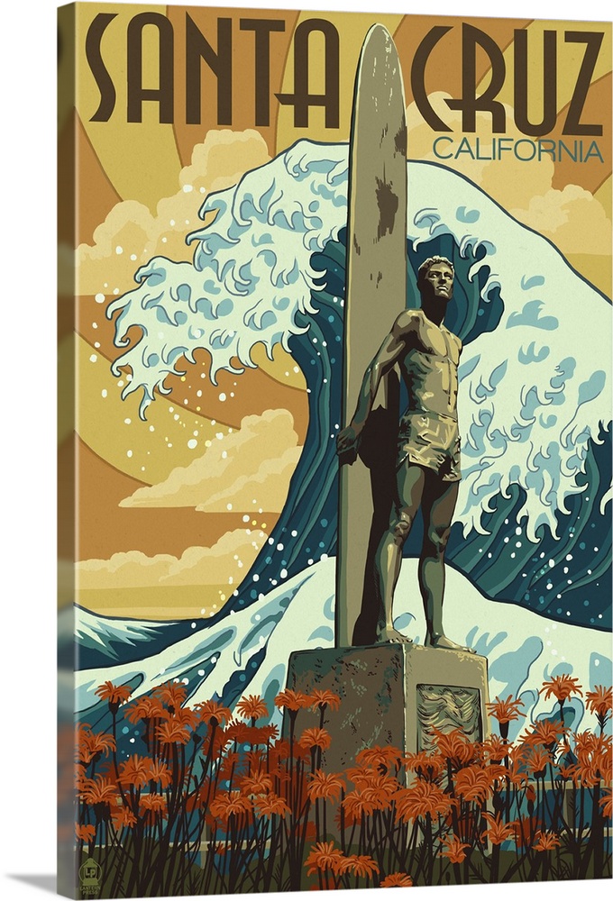 Retro stylized art poster of a statue of a surfer with a longboard, with a giant wave in the background.