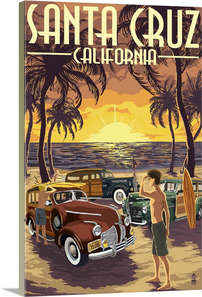 Santa Cruz, California - Vintage Woodies on the Beach: Retro Travel Poster