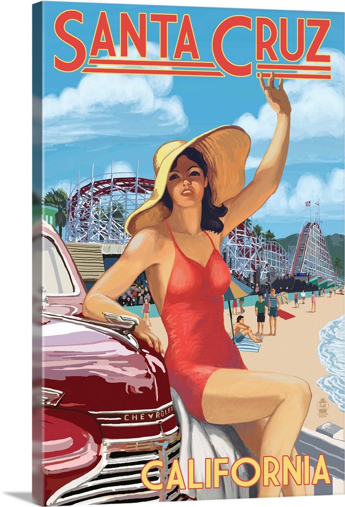 Santa Cruz, California - Woman Waving and Rides: Retro Travel Poster