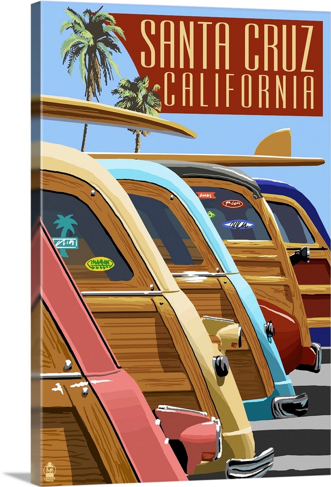 Retro stylized art poster of a row of vintage woody wagons, with surfboard on top of them.