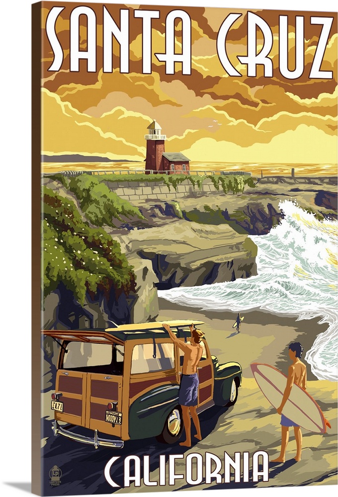 Santa Cruz, California - Woody and Lighthouse: Retro Travel Poster