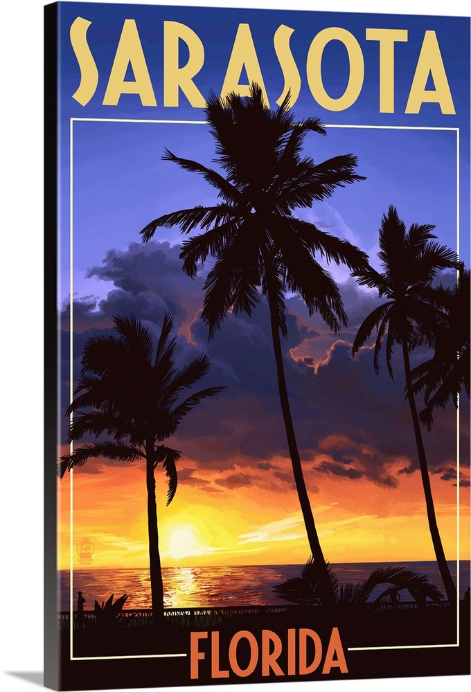 Sarasota, Florida - Palms and Sunset: Retro Travel Poster