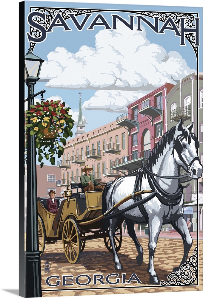 Retro stylized art poster of a white horse pulling a carriage on a coblestone road