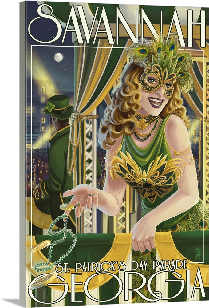 Retro stylized art poster of a woman dressed in a masquerade costume standing on a balcony.