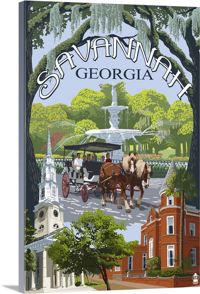 Savannah, Georgia Town Views: Retro Travel Poster