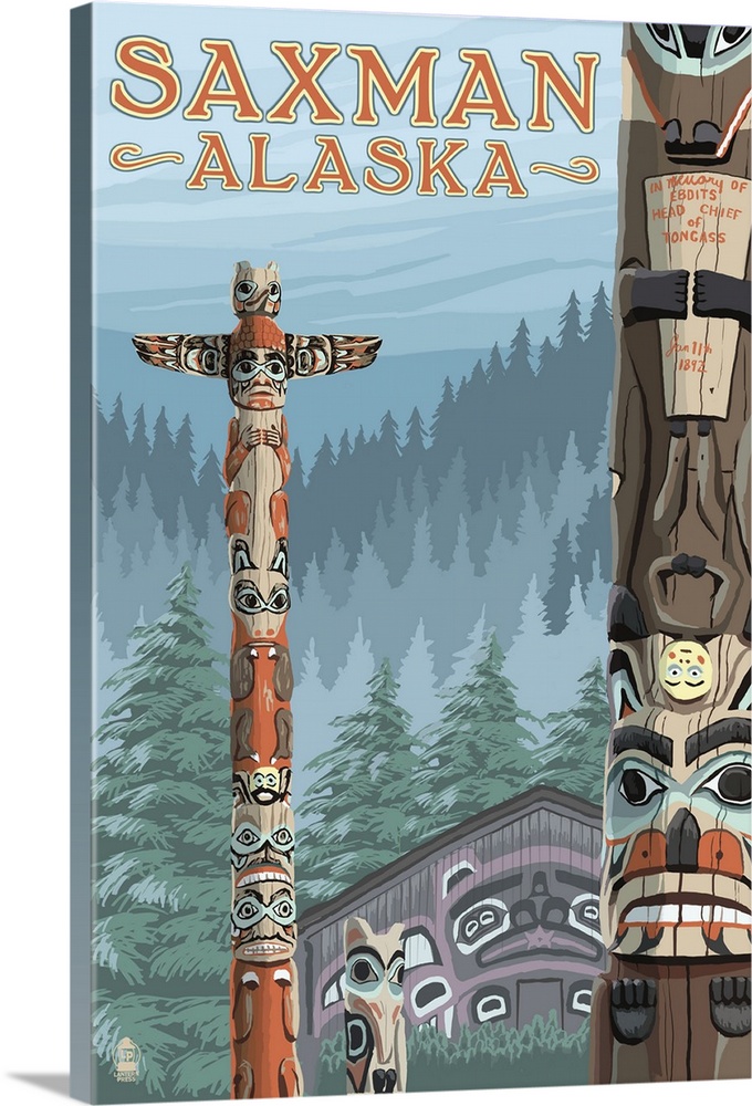 Saxman, Alaska - Totem Scene: Retro Travel Poster