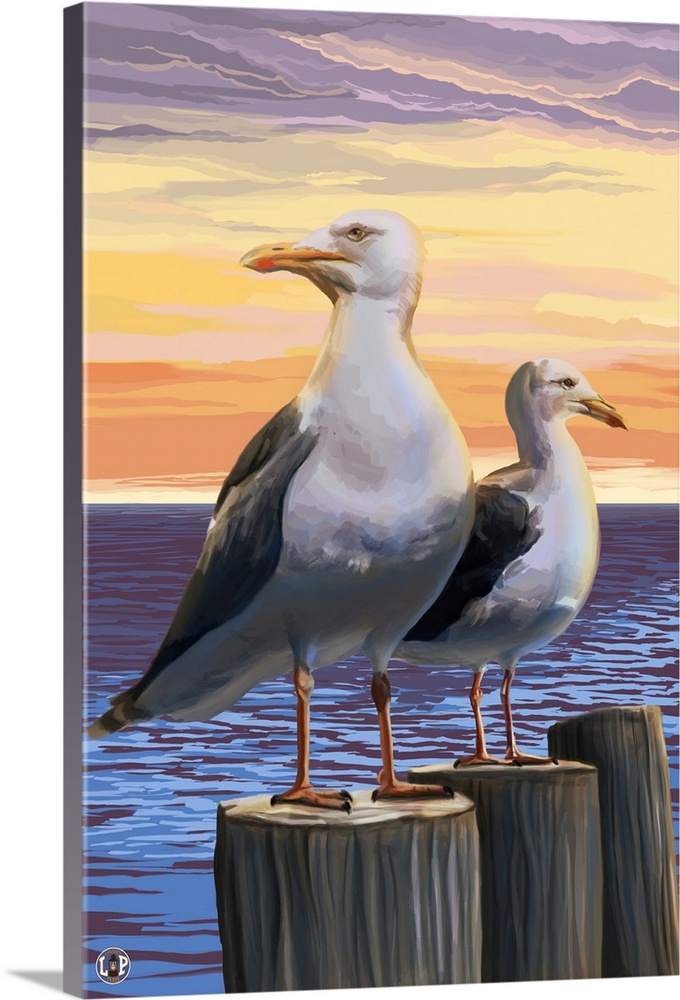 Retro stylized art poster of two seagulls perched on wooden poles.
