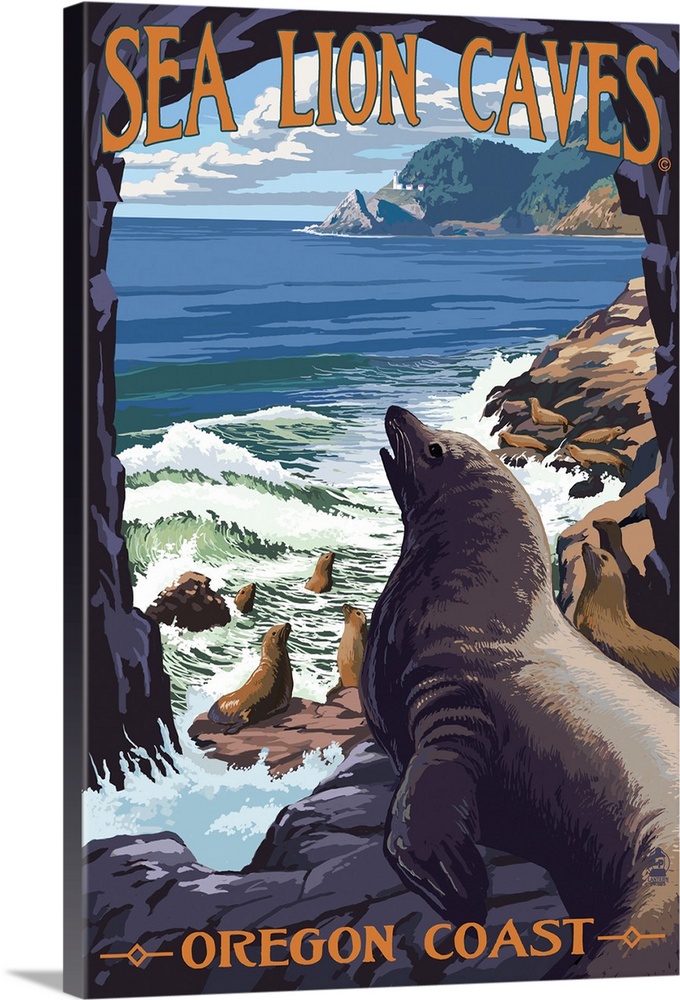 Sea Lion Caves Lookout and Heceta Head Lighthouse: Retro Travel Poster