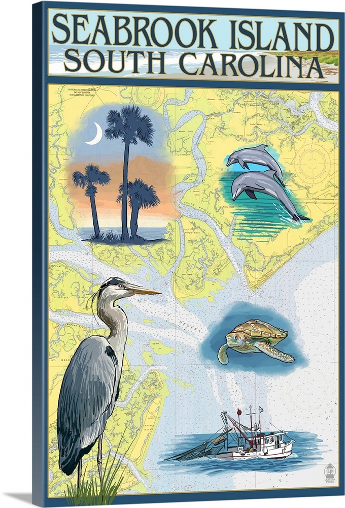 Seabrook Island, South Carolina Nautical Chart Retro Travel Poster