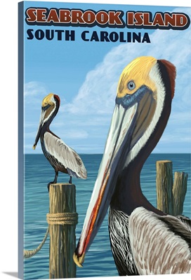 Seabrook Island, South Carolina - Pelicans: Retro Travel Poster