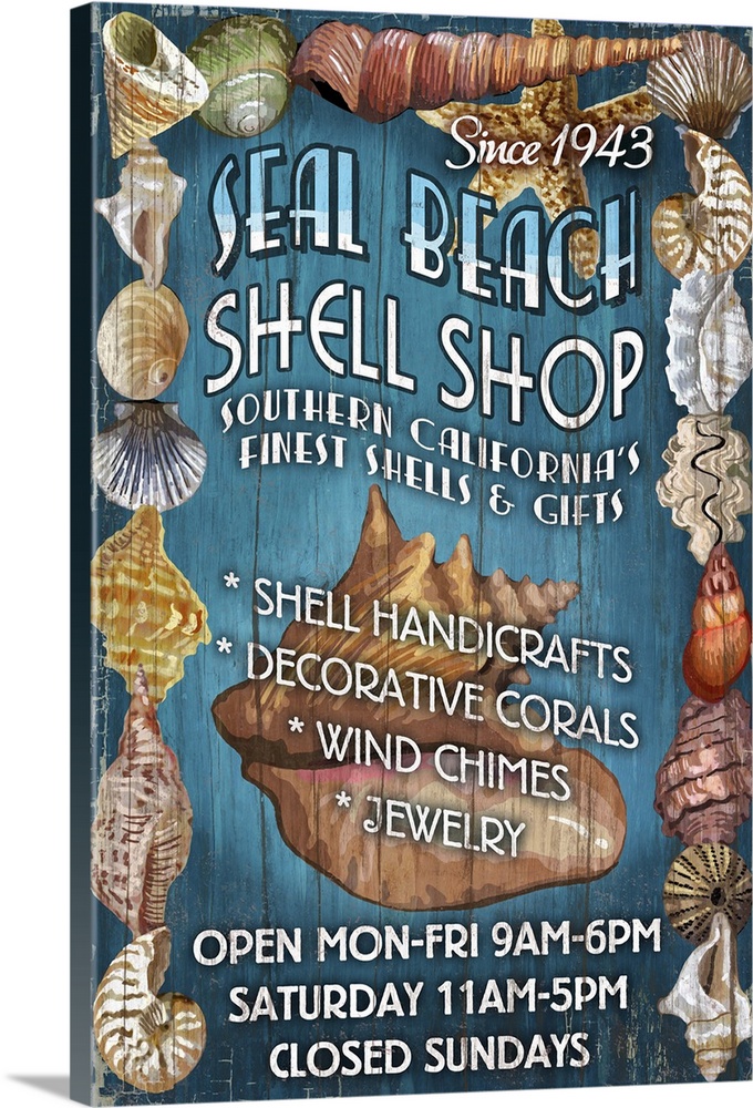 Seal Beach, California - Shell Shop Vintage Sign: Retro Travel Poster