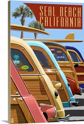 Seal Beach, California - Woodies Lined Up: Retro Travel Poster