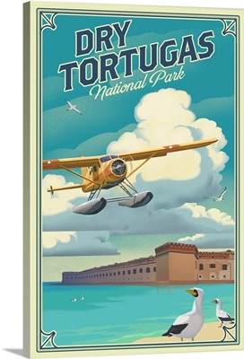 Seaplane Flying In Dry Tortugas National Park: Retro Travel Poster