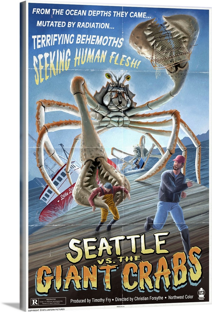 Retro stylized art poster of a giant monster crustacean attacking two fisherman on a dock.