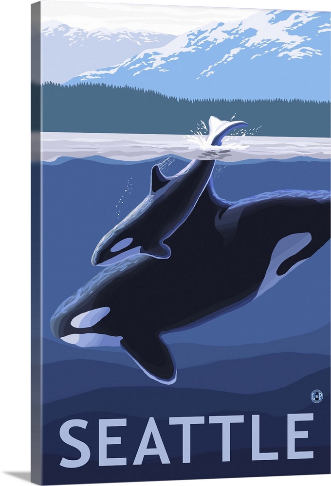 Seattle, WA - Orca and Calf: Retro Travel Poster