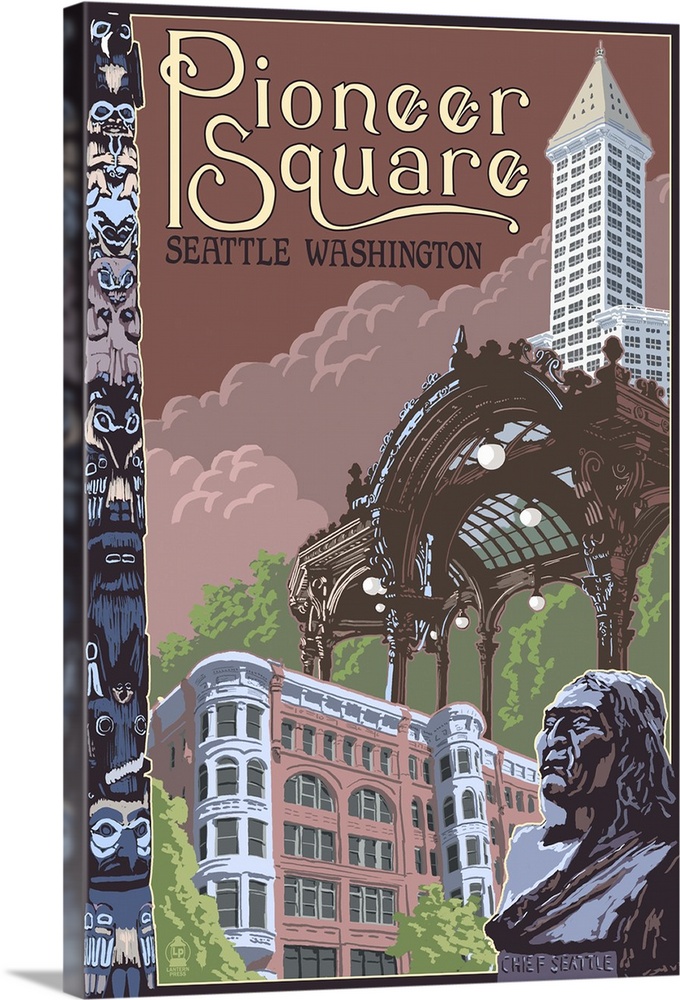 Seattle, WA - Pioneer Square Montage: Retro Travel Poster