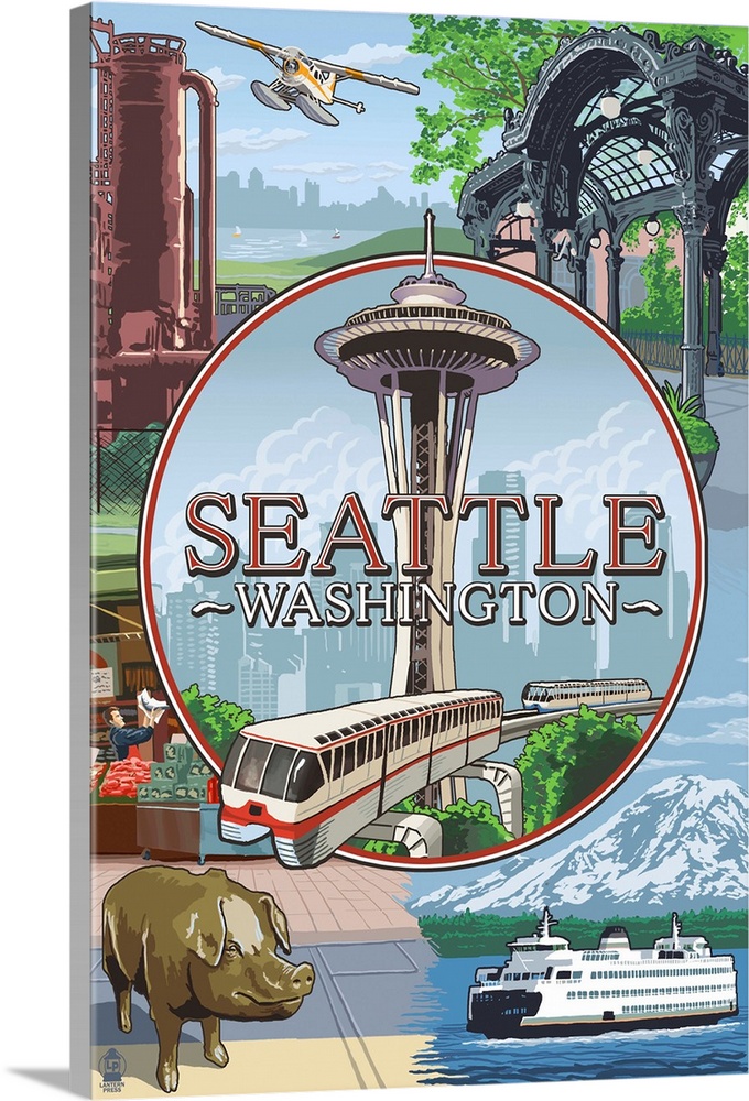 Seattle, WA Scenes Montage: Retro Travel Poster