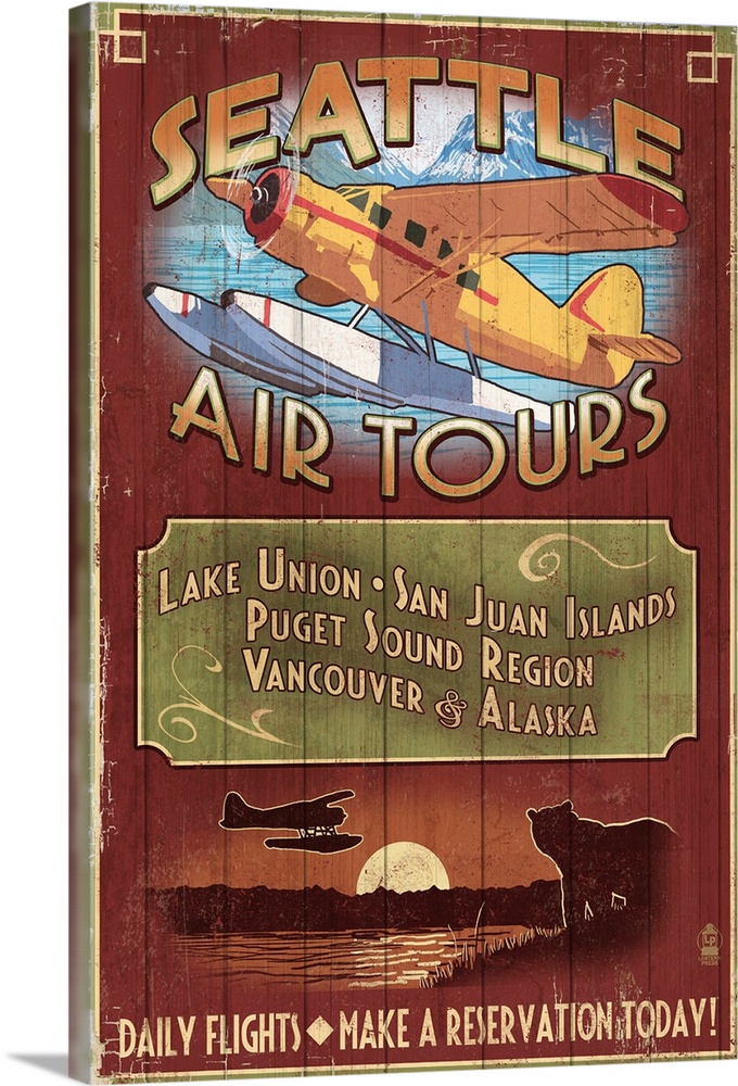 Retro stylized art poster of a vintage sign painted to look like wood planks, advertising a seaplane in flight.