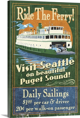 Seattle, Washington - Ferry Vintage Sign: Retro Travel Poster