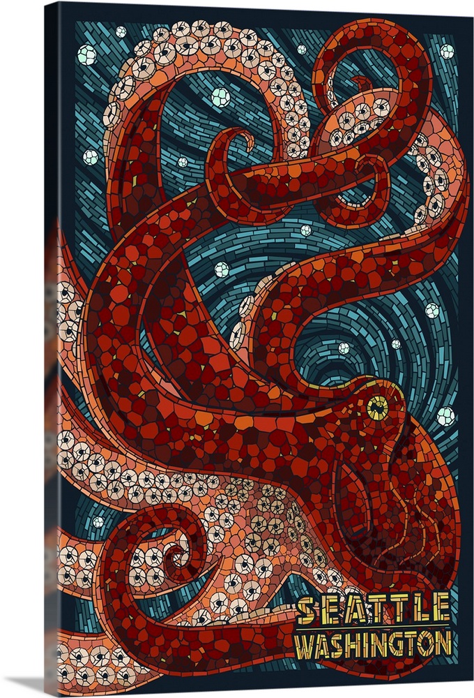 Seattle, Washington - Octopus Mosaic: Retro Travel Poster