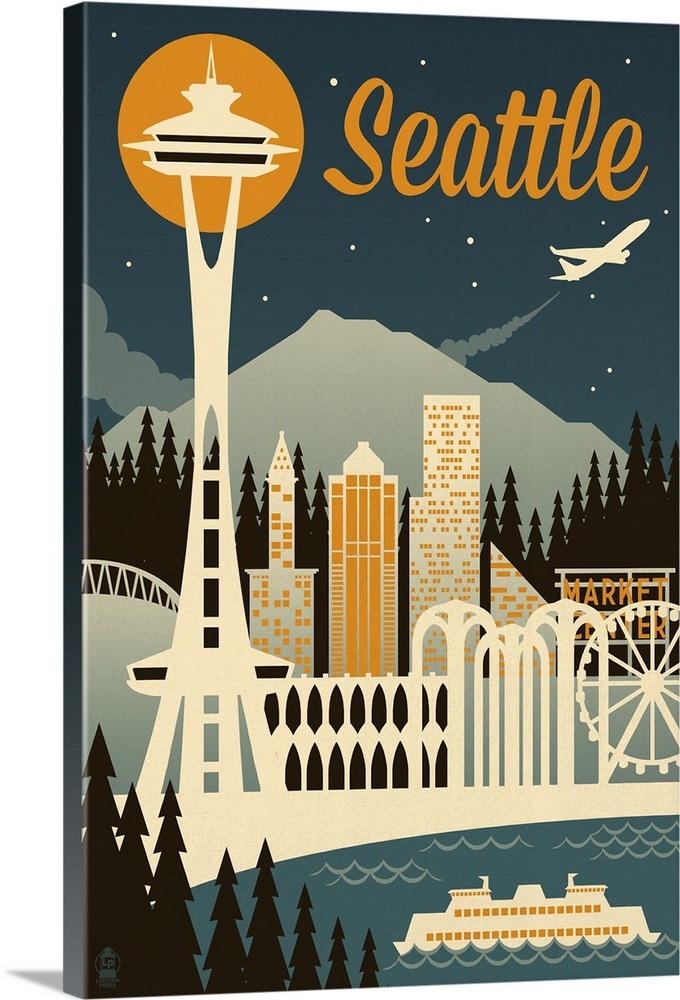 Seattle, Washington Retro Skyline Retro Travel Poster Wall Art
