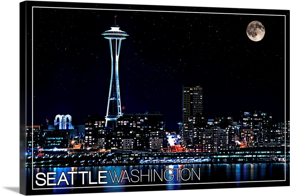 Seattle, Washington - Skyline and Full Moon