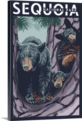 Sequoia National Park, Bears And Cubs In Tree: Retro Travel Poster
