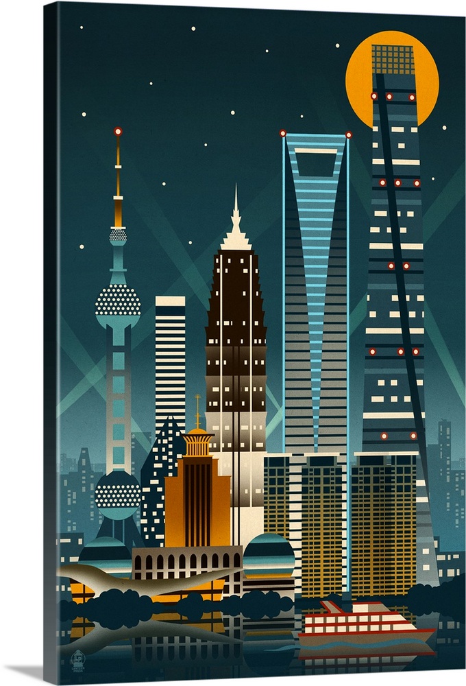 Shanghai, China, Retro Skyline