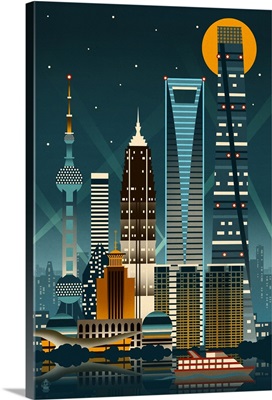 Shanghai, China, Retro Skyline