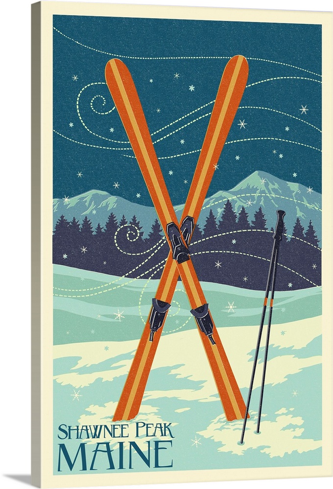 Shawnee Peak, Maine - Crossed Skis - Letterpress: Retro Travel Poster