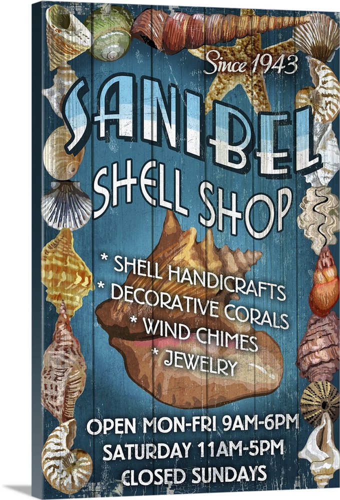 Retro stylized art poster of a vintage sign with shell on it.