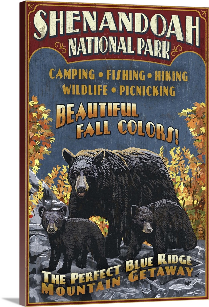 Shenandoah National Park, Virginia - Bear and Cubs Vintage Sign: Retro Travel Poster