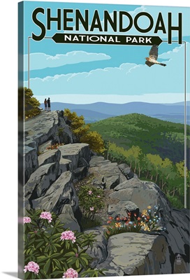 Shenandoah National Park, Virginia - Hikers and Hawk: Retro Travel Poster