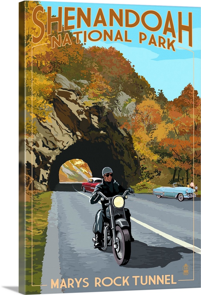 Shenandoah National Park, Virginia - Marys Rock Tunnel Motorcycle: Retro Travel Poster