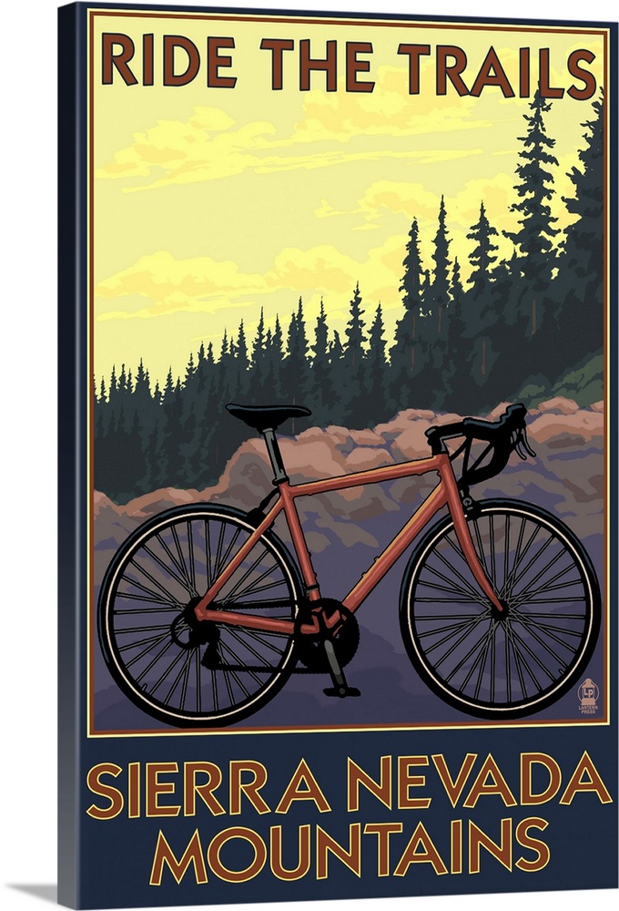 Sierra Nevada Mountains, California - Bicycle on Trails: Retro Travel Poster