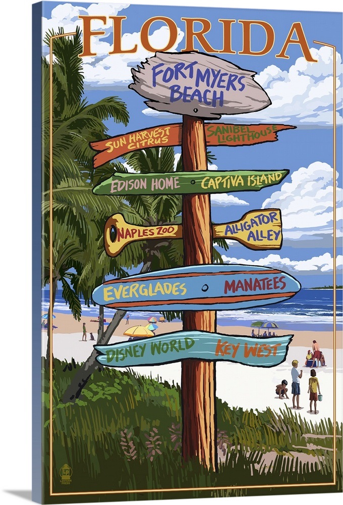 Sign Destinations Fort Myers Beach, Florida Retro Travel Poster Wall