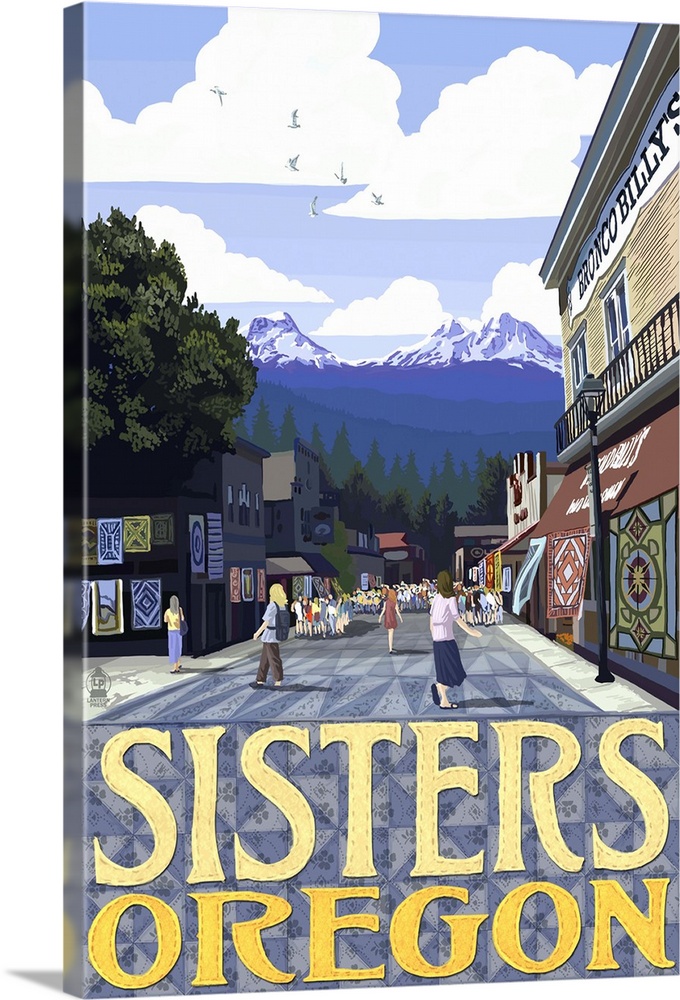 Sisters, Oregon - Town Scene and Mountains Quilt Design: Retro Travel Poster