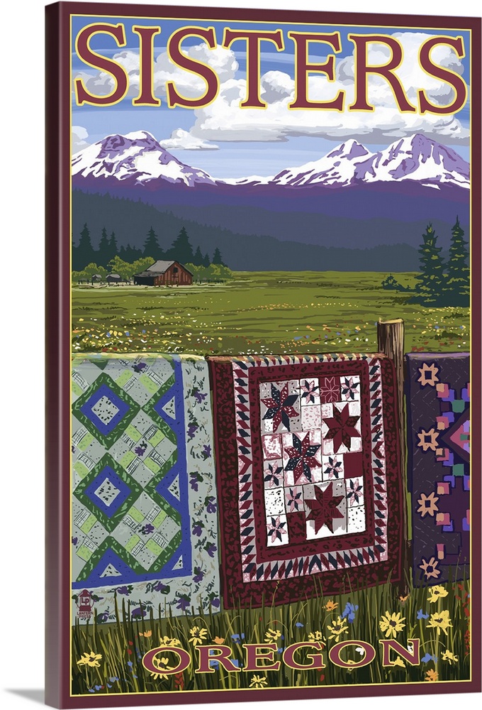 Sisters, Oregon View with Quilts on Fence: Retro Travel Poster