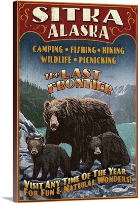 Sitka, Alaska, Black Bear Family Vintage Sign