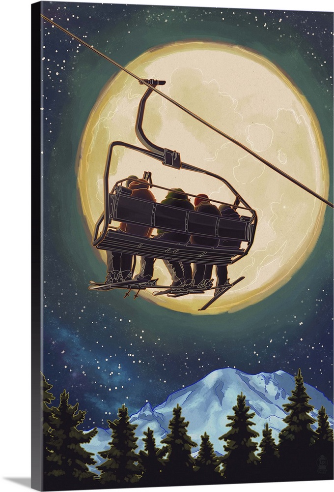 Ski Lift and Full Moon: Retro Poster Art