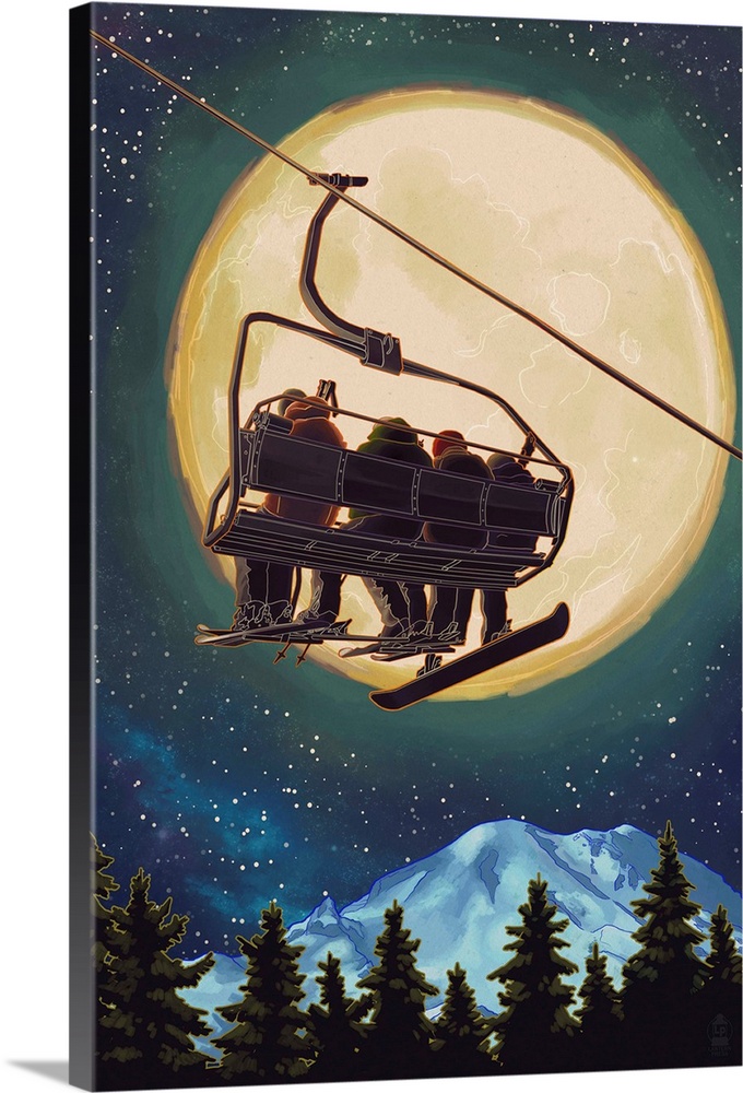 Ski Lift and Full Moon w/ Snowboarder: Retro Travel Poster