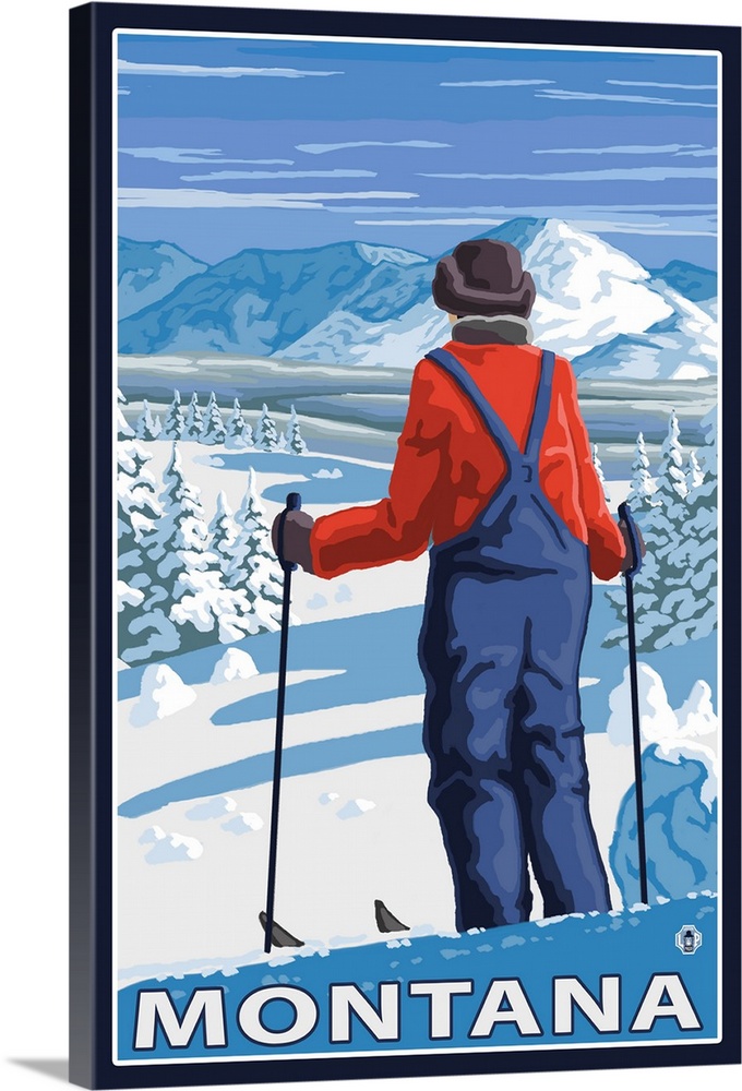 Skier Admiring - Montana: Retro Travel Poster