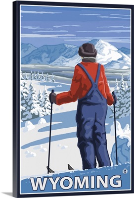 Skier Admiring - Wyoming: Retro Travel Poster
