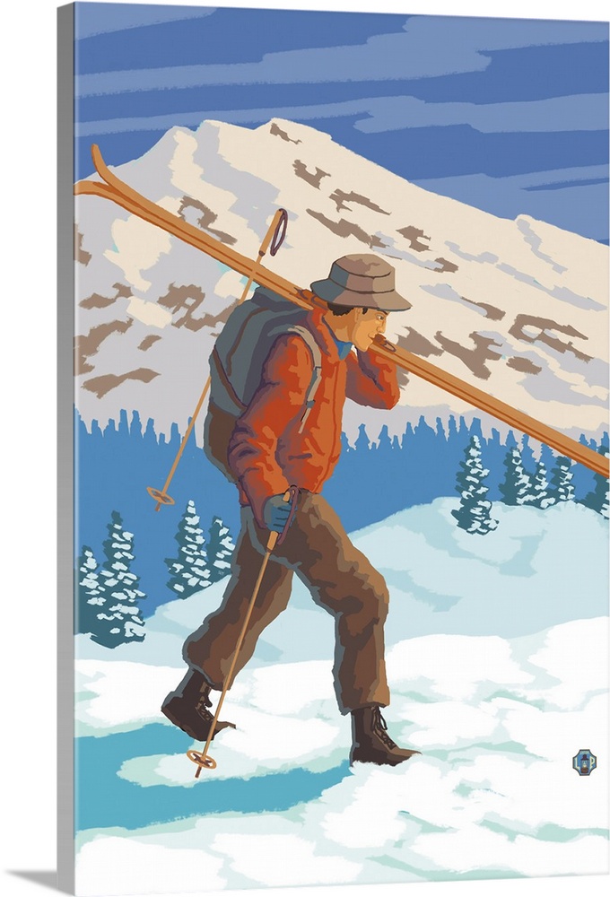 Retro stylized art poster of a skier carrying skies, with a o mountain in the background.