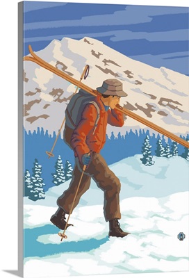 Skier Carrying Skis: Retro Poster Art