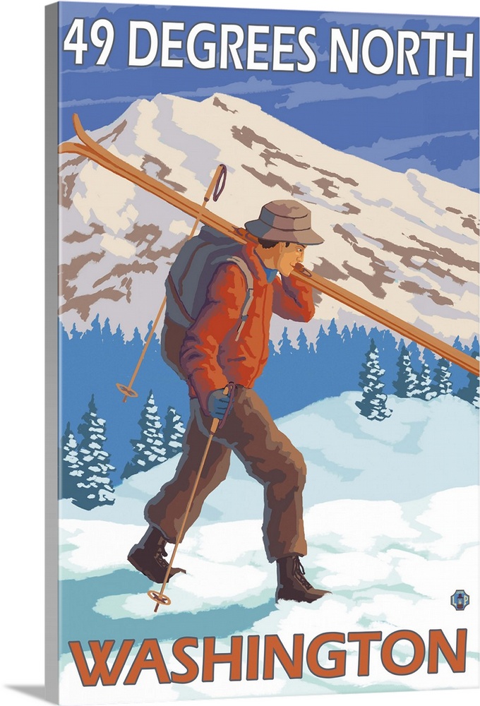 Skier Carrying Snow Skis - 49 Degrees North, Washinoton: Retro Travel Poster
