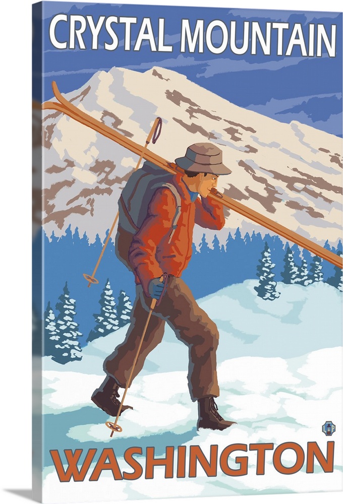 Skier Carrying Snow Skis - Crystal Mountain, Washinoton: Retro Travel Poster